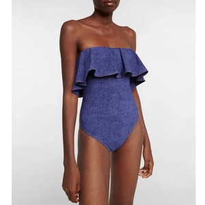 Denim print one-piece swimsuit with ruffle bandeau design for a retro beach look