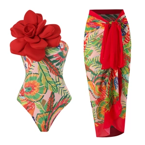 Tropical parrot print one-piece swimsuit with red 3D flower and matching beach skirt