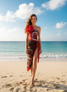 Detail of red rose print swimsuit with 3D floral accent and matching sarong on beach
