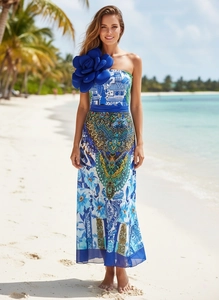 Detailed view of bohemian print chiffon long dress with 3D floral shoulder accent