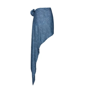 Detailed view of blue asymmetric knit wrap skirt with side knot and heathered texture