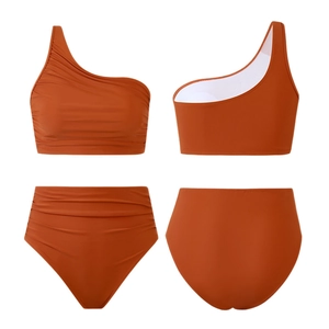 Burnt orange one-shoulder high-waisted bikini set with textured ruching for women