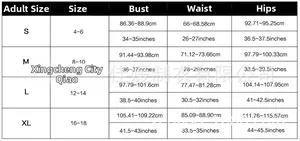 Size chart for women's V-neck one-piece swimsuit in S to XL with cm and inch measurements