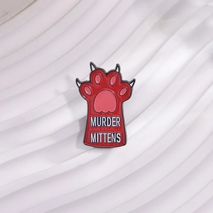 Red cat paw enamel pin with Murder Mittens text for bags and clothing decoration