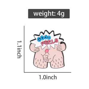 Detailed view of pink 'GOOD FEELS' enamel pin with size and weight measurements