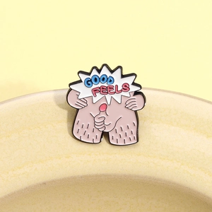 Quirky Good Feels enamel pin with funny cartoon legs on minimalist ceramic bowl background