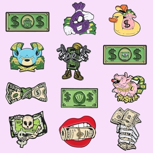 Set of 12 creative enamel pins featuring dollar bills, skulls, and cartoon street art style