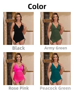 Detail view of V-neck swimsuits in black, army green, rose pink, and peacock green