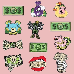 Set of 12 creative enamel pins featuring skull, dollar bills, and street culture designs