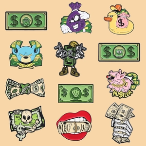 Set of 12 creative enamel pins featuring money motifs and trendy cartoon monster designs