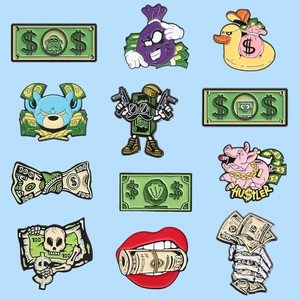 Set of 12 creative enamel pins featuring money themes, skull, and hip-hop animal designs