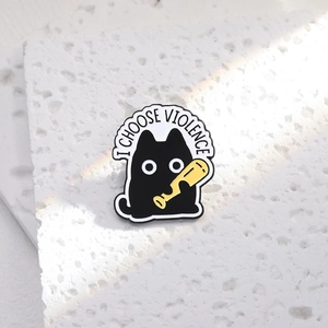 Funny black cat enamel pin with I Choose Violence text and baseball bat on stone