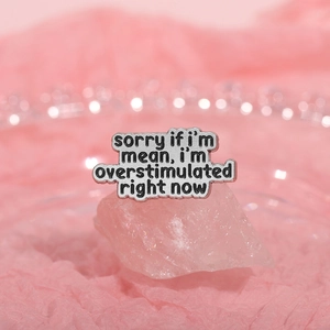 Minimalist enamel pin featuring Sorry If I am Mean text on pink crystal prop