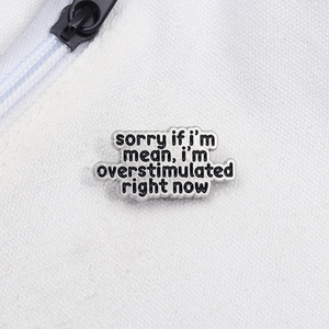 Silver metal enamel pin with sorry if i am mean quote on white canvas background