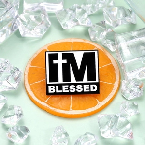 Creative square metal enamel pin featuring I'M BLESSED quote with cross on green background