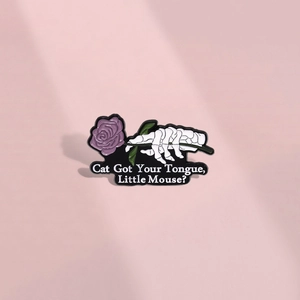 Skull Hand Holding Purple Rose Enamel Pin Cat Got Your Tongue Little Mouse Text Gothic Skeleton Metal Brooch Jewelry