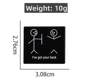 Detail view of square black stickman enamel pin with I've got your back quote and dimensions