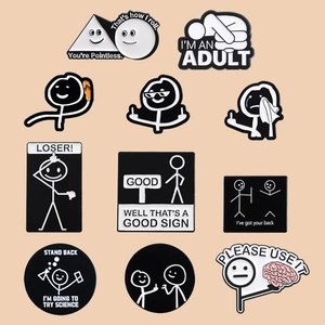 Funny stickman pins set with minimalist black and white humor designs for clothes