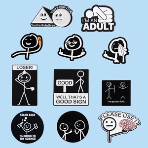 Set of 11 creative stickman charms with humorous English puns on a blue background