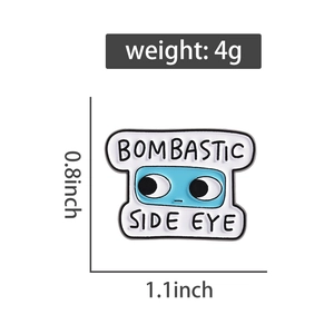 Detail view of Bombastic Side Eye enamel pin with 0.8x1.1 inch dimensions and 4g weight