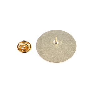 Macro detail of gold plated metal brooch back showing textured pin and butterfly clutch