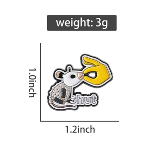 Macro view of cartoon opossum enamel pin with shut text and detailed size dimensions