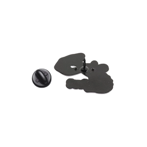 Detail view of mouse enamel pin back with secure black rubber clutch and metal needle