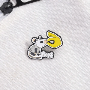 Funny enamel pin featuring a cartoon opossum with shut text on white canvas background