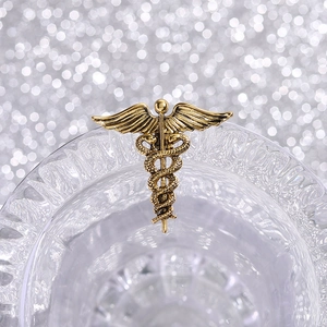 Vintage golden caduceus brooch with twin snakes and wings on a glass edge display