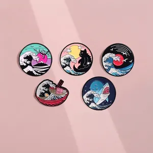 Creative Alloy Enamel Great Wave Brooch Pin For Women Men Japanese Ukiyo-e Style Cat Shark Ramen Fuji Round Badge Accessories