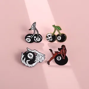 Vintage Punk Alloy Enamel Brooch Pin 8 Ball Cherry Skull Skeleton Hand Pin-up Girl Badges For Clothing Bags Accessories