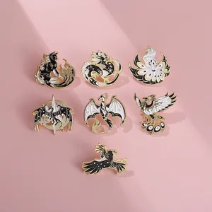 Mythical Dragon Phoenix Enamel Pin Brooch Vintage Alloy Animal Badge Black White Gold Plated Jewelry Accessories Gift For Unisex