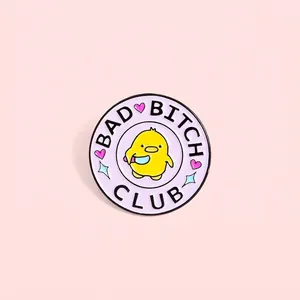 Cartoon Yellow Chick Holding Knife Alloy Enamel Brooch BAD BITCH CLUB Letter Round Metal Badge Pin Jewelry For Clothing