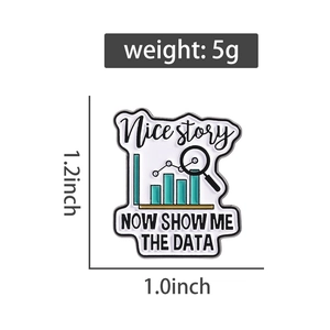 Macro view of data analysis enamel pin showing the 1.2x1.0 inch size and 5g weight details