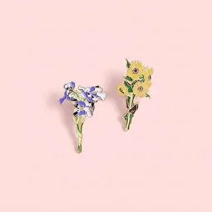 Broche Fleur en Alliage Artistique Émail Forme Tournesol Iris Style Peinture à l'Huile Accessoire pour Vêtements Costumes Sacs Bijoux
