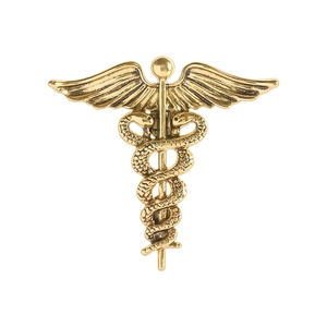 Golden Caduceus medical symbol brooch with detailed wings and twin snakes in metal relief