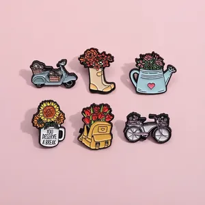 Broche Émaillée Fleur Dessin Animé Alliage Tournesol Bicyclette Voiture Arrosoir pour Femmes Sac à Dos Vêtements Bijoux