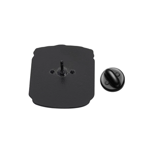 Detail view of the matte black alloy pin back with clutch fastener for lapel badges