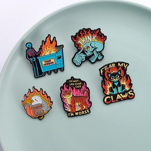 Five-piece creative enamel pin set with skull, cat, tiger, and bird illustrations