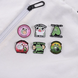 Set of 6 funny enamel frog and swan pins with humorous slogans on canvas background