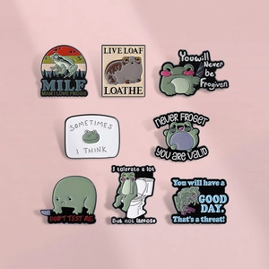 Set of 8 cute cartoon frog enamel pins with funny meme slogans for backpacks