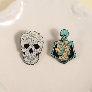 Cute cat skull enamel pins set with white kittens and green skeleton design