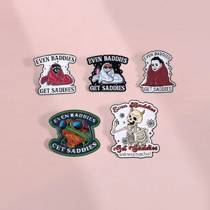 Five-piece enamel pin set featuring cute animals and skull with Even Baddies Get Saddies slogan