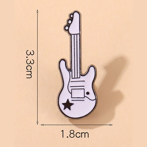 Cartoon white guitar enamel pin with black star pattern, dimensions 3.3cm by 1.8cm