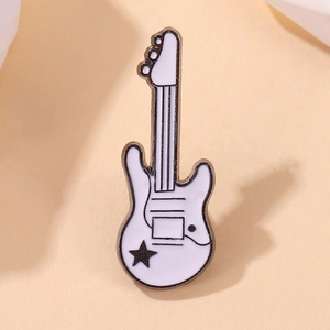 Artistic white electric guitar enamel pin with a black star on a textured background