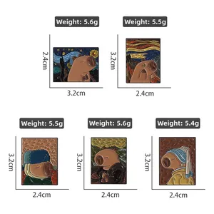 Detail of Capybara enamel pins featuring world-famous oil paintings and artist portraits