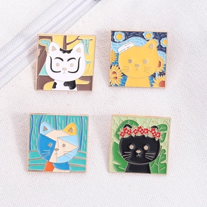 Artistic cat enamel pin set featuring Van Gogh and Dali oil painting styles on white canvas