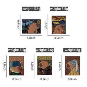 Detail of artistic Capybara enamel pins showing dimensions and weights for each design