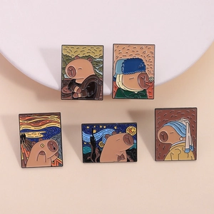 Lot de pins émaillés Capybara parodiant des peintures classiques sur fond rose