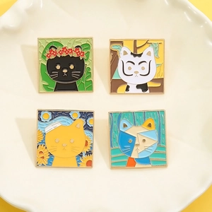 Artistic cat enamel brooch pins set featuring famous Van Gogh and Frida Kahlo oil paintings
